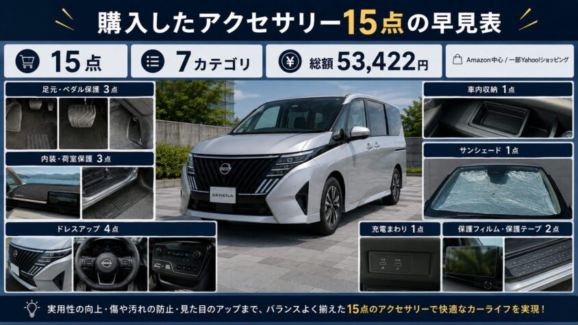セレナC28 e-POWERのおすすめアクセサリー：購入したアクセサリー15点の早見表