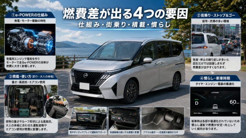 セレナC28 e-POWERの実燃費：なぜカタログ値と実燃費に差が出るのか？考えられる4つの要因