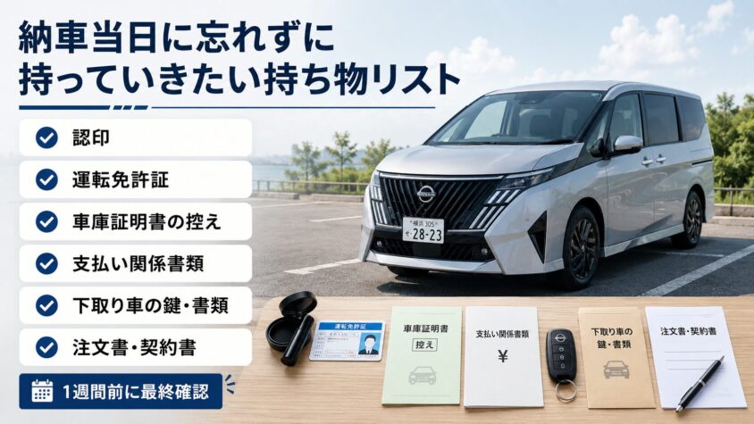 セレナC28の納車：納車当日に忘れずに持っていきたい持ち物リスト