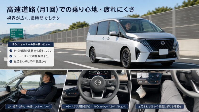 セレナC28 e-POWERの使い勝手と乗り心地:高速道路(月1回)での乗り心地・疲れにくさ