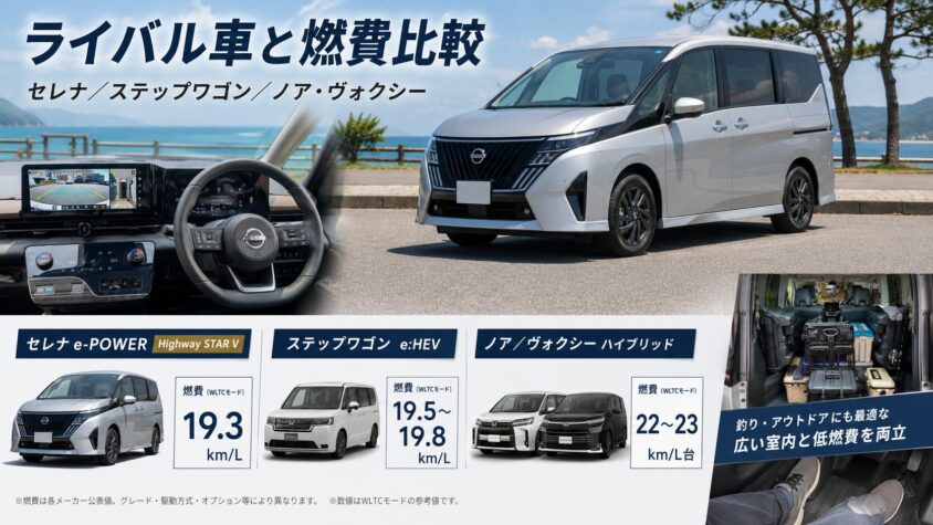 セレナC28 e-POWERの実燃費：ライバル車（ステップワゴン e-POWER／ヴォクシー・ノア）との燃費比較