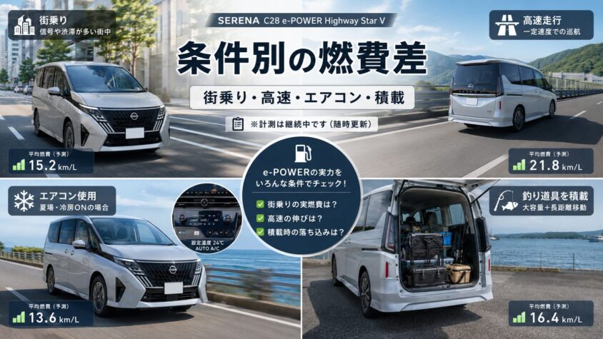 セレナC28 e-POWERの実燃費：条件別に見る燃費の違い（街乗り／高速／エアコン使用／積載量）※継続計測中