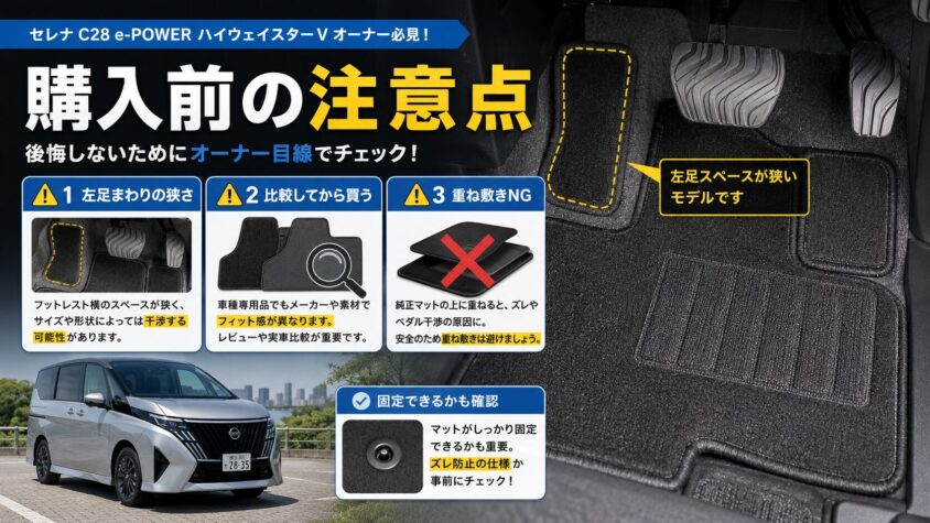 セレナC28 e-POWERのフロアマット選び：購入前に確認しておきたい注意点（オーナー目線）