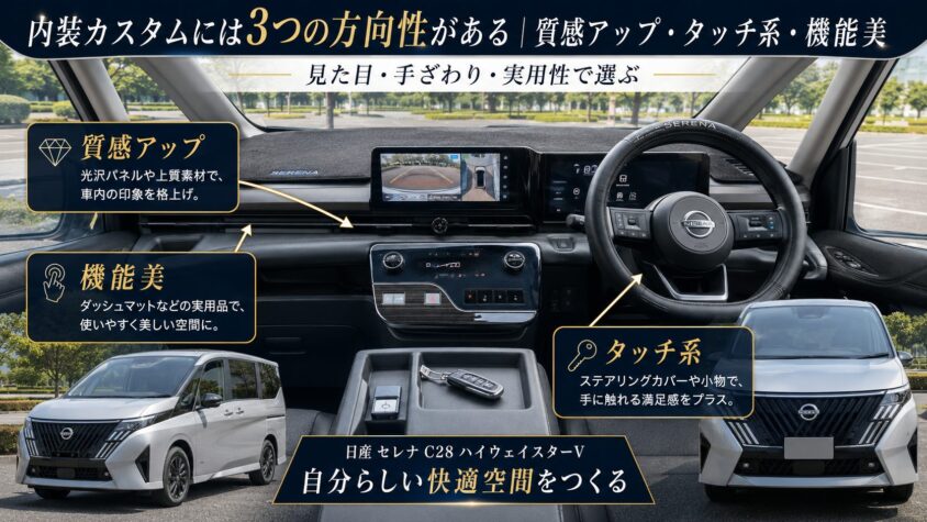 セレナC28の内装カスタム:内装カスタムには3つの方向性がある・質感アップ・タッチ系・機能美