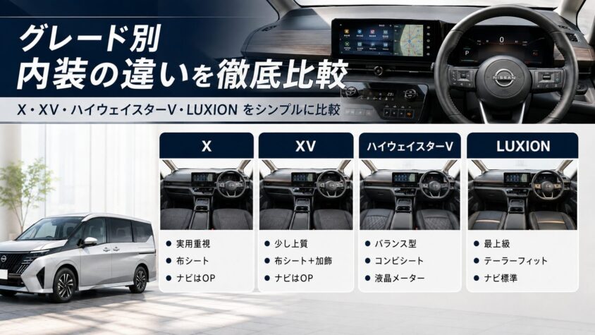新型セレナC28の内装:グレード別内装の違いを徹底比較(X/XV/ハイウェイスターV/LUXION)