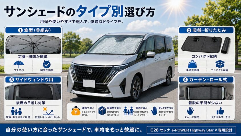 車用サンシェードのタイプ別の特徴と選び方