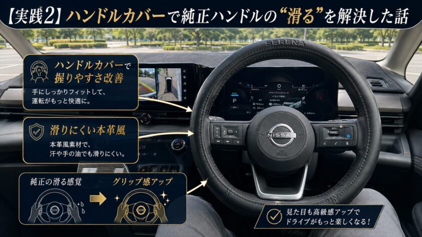 セレナC28の内装カスタム:ハンドルカバーで純正ハンドルの滑るを解決