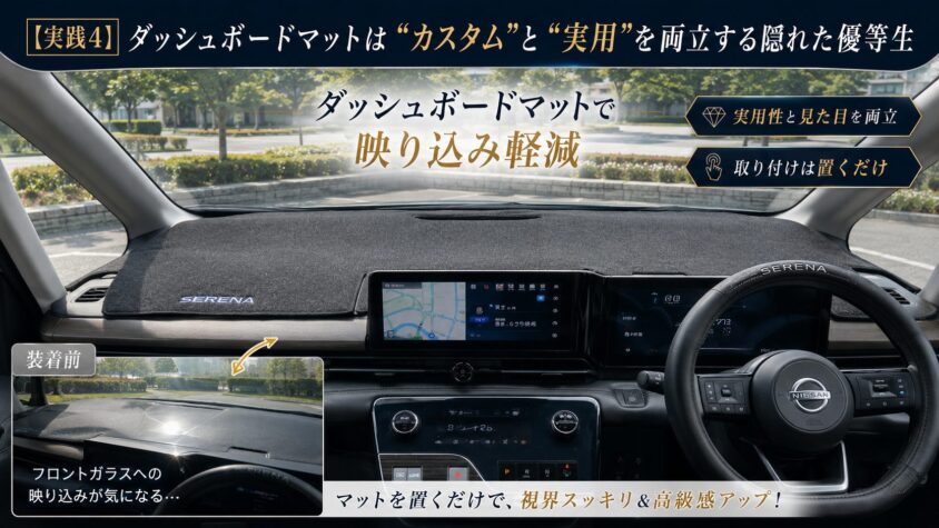 セレナC28の内装カスタム:ダッシュボードマットはカスタムと実用を両立する隠れた優等生