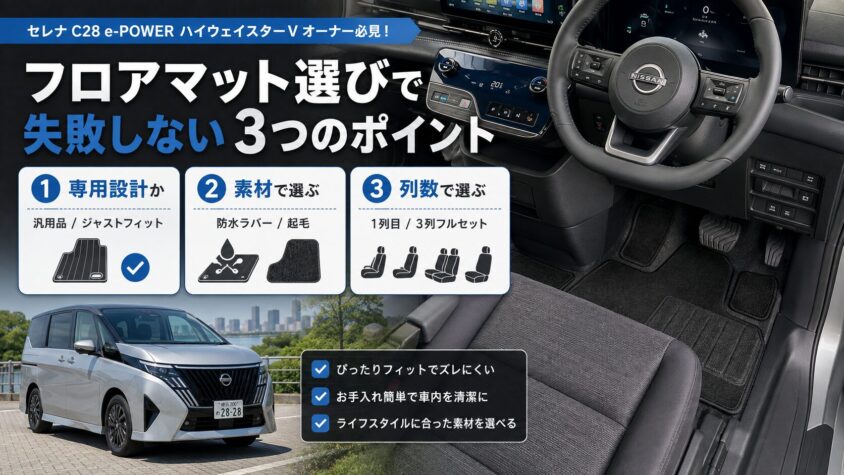セレナC28 e-POWERのフロアマット選び：フロアマット選びで失敗しないための3つのポイント