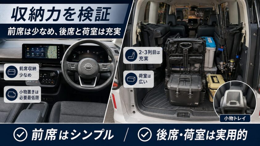 新型セレナC28の内装:収納力を検証:運転席まわりは実は少ない?2列目・3列目の収納は充実