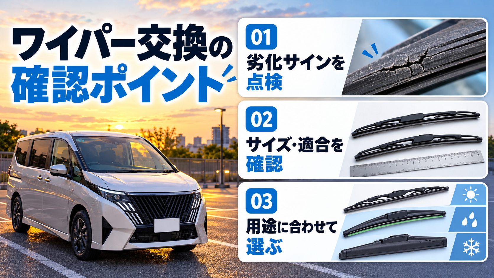 セレナC28と、劣化サイン、サイズと適合、用途の三つの確認項目をまとめた画像