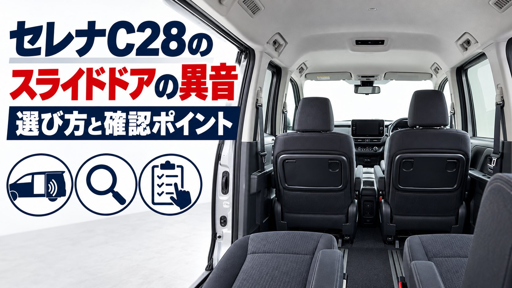セレナC28のスライドドアの異音について、セレナC28のスライドドアの異音を写真とアイコンで整理した図