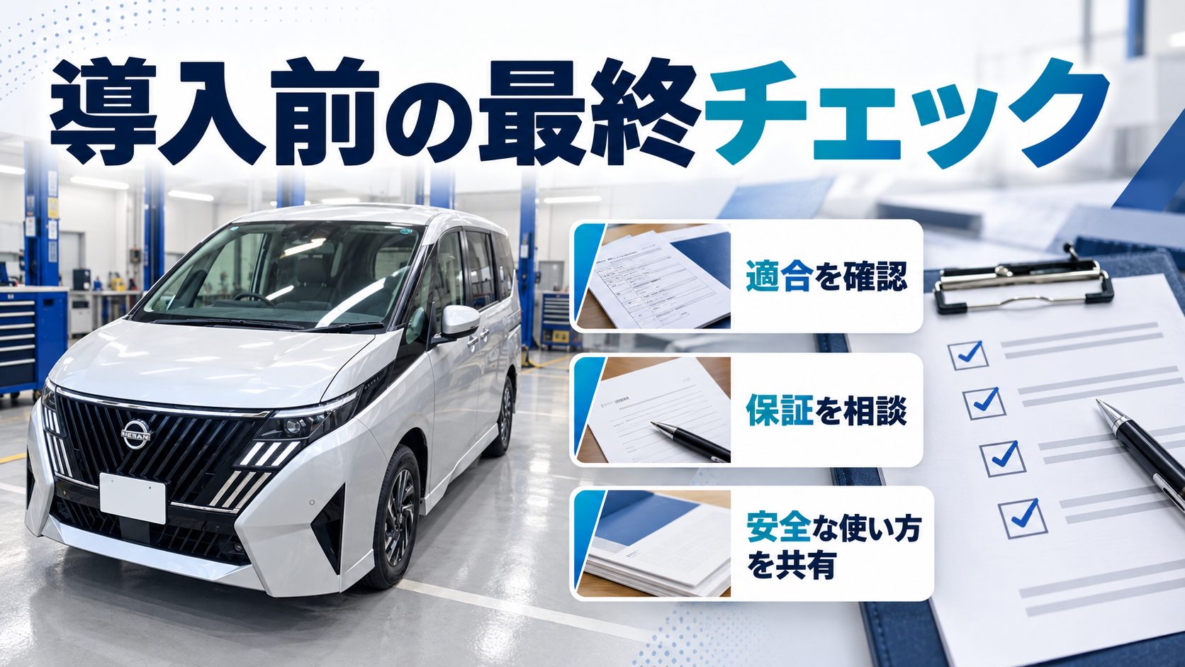セレナC28のテレビキャンセラーについて、適合を確認、保証を相談、安全な使い方を共有を整理した写真付き図解