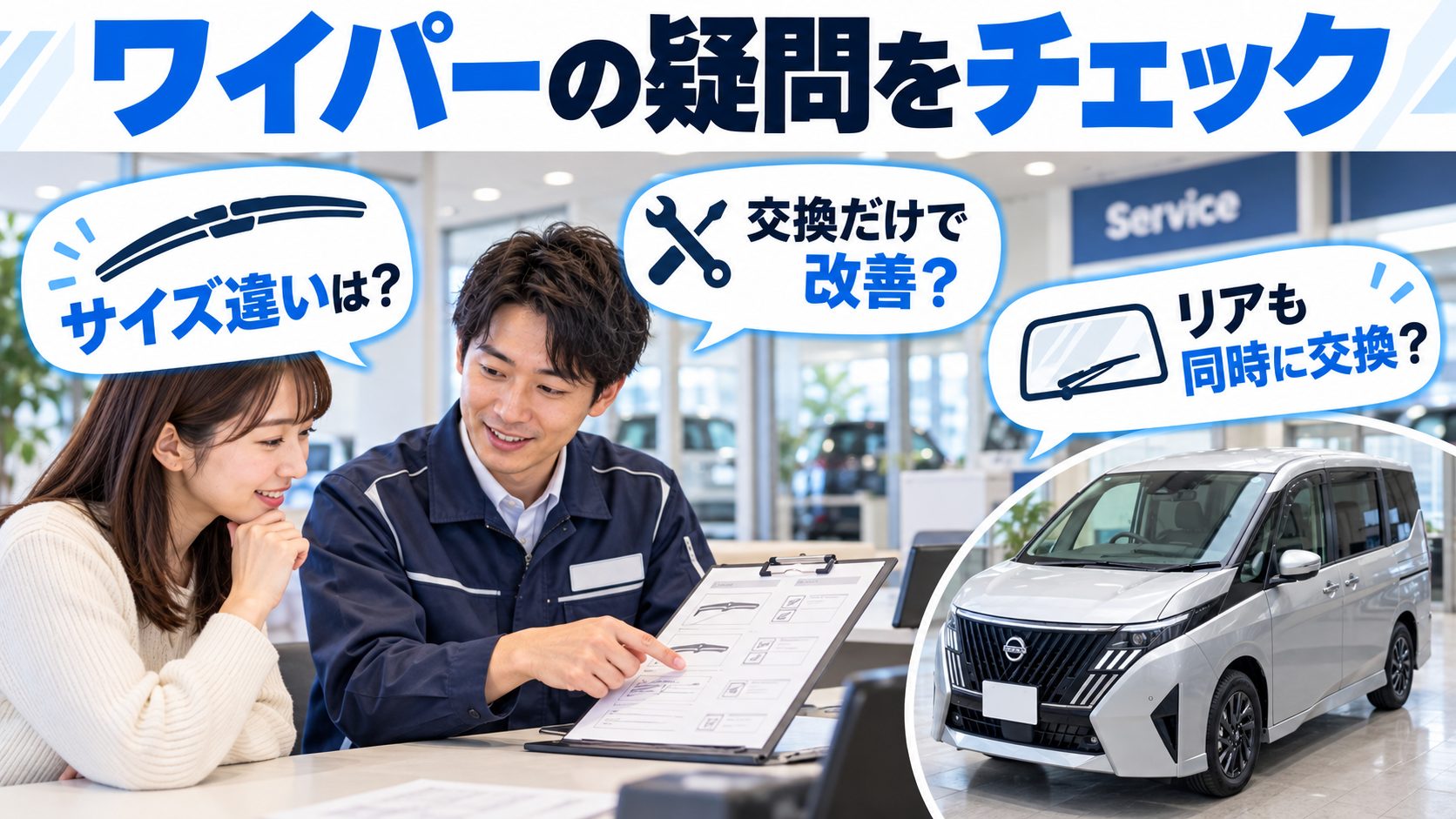 整備受付でワイパーのサイズや交換について相談する日本人の利用者とスタッフ