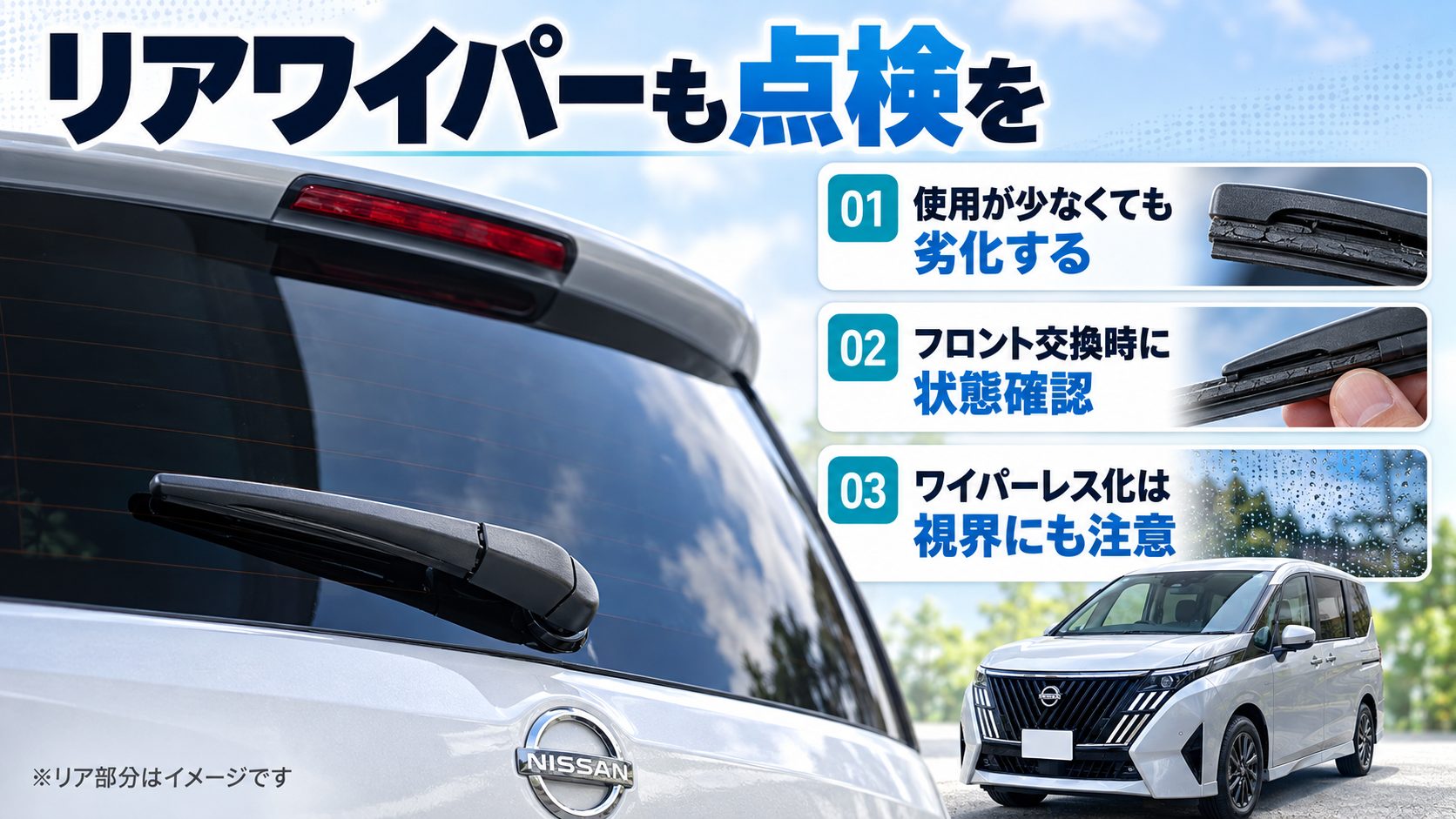 リアガラスのワイパーと、使用頻度が低くても点検が必要であることを示す図解