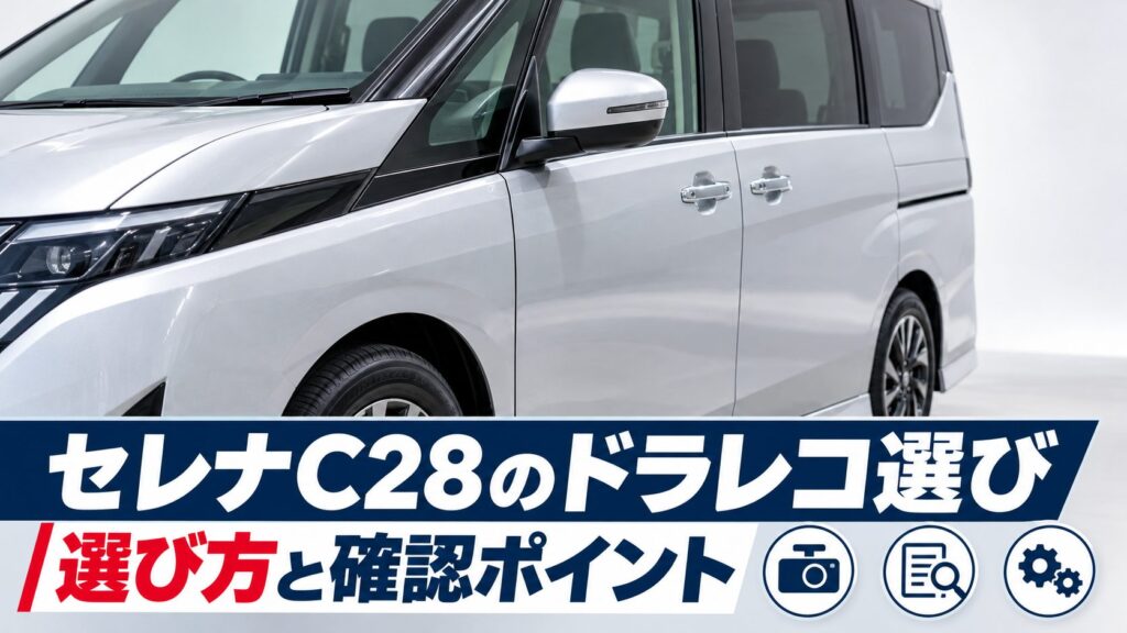セレナC28のドラレコ選びについて、セレナC28のドラレコ選びを写真とアイコンで整理した図
