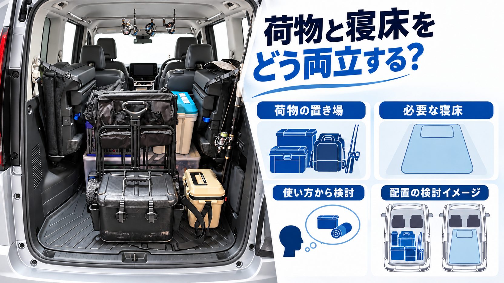 釣り道具を積んだ実車荷室と配置検討の模式図で、荷物の置き場と寝床の確保を考える図