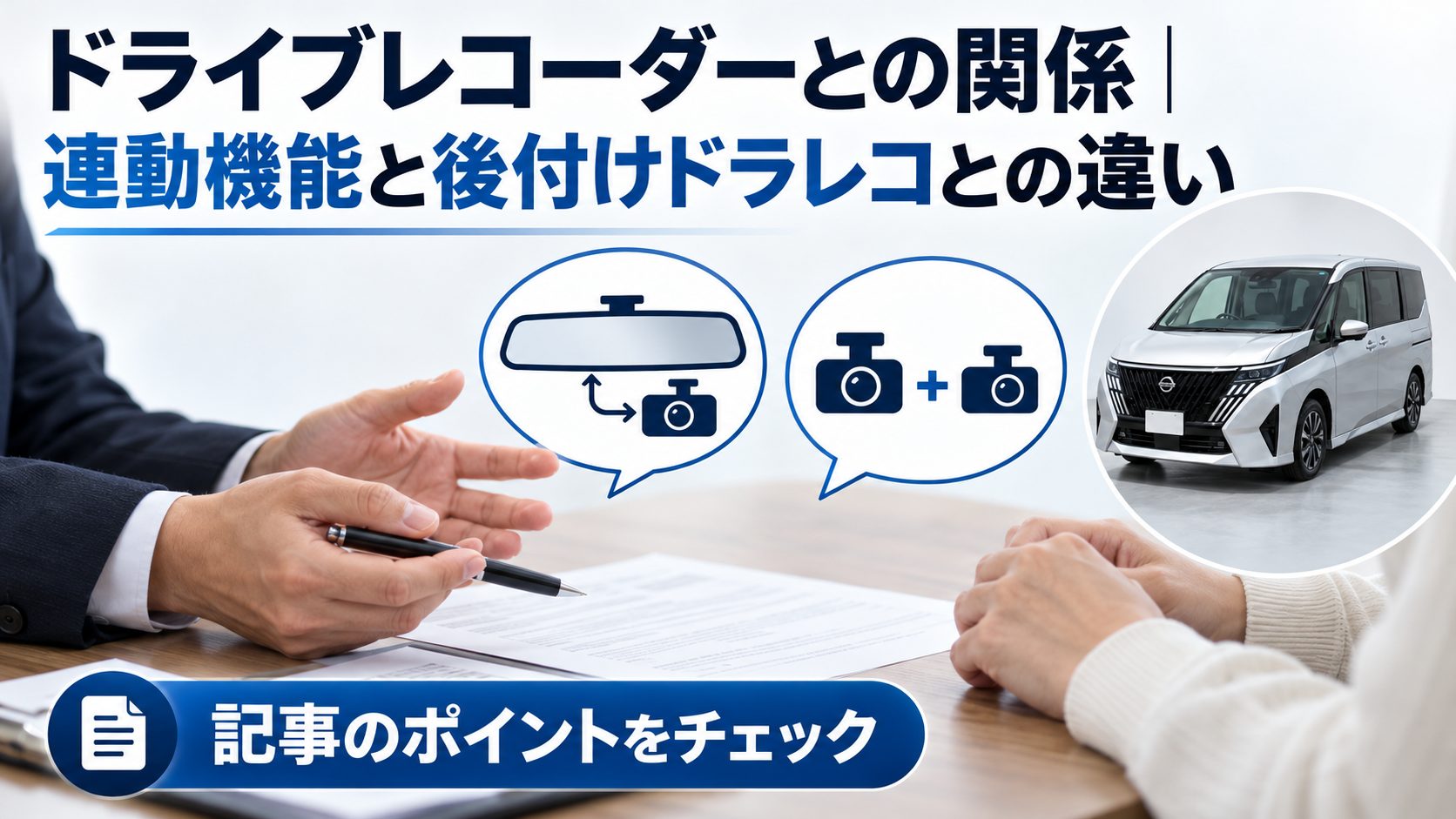セレナC28のルームミラーについて、ドライブレコーダーとの関係|連動機能と後付けドラレコとの違いを写真とアイコンで整理した図