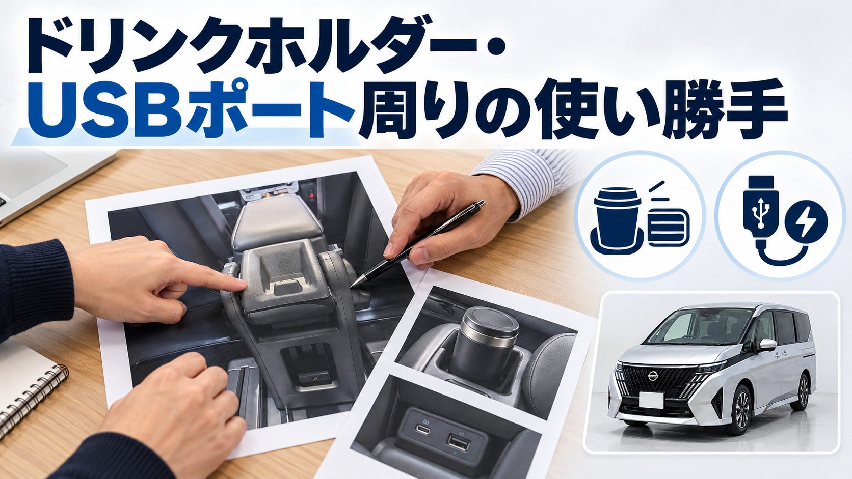 セレナC28のセンターコンソールについて、ドリンクホルダー・USBポート周りの使い勝手を写真とアイコンで整理した図