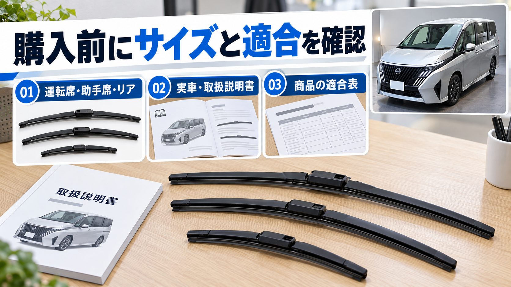 長さの異なるワイパーと取扱説明書を並べ、位置と商品適合の確認を示す画像
