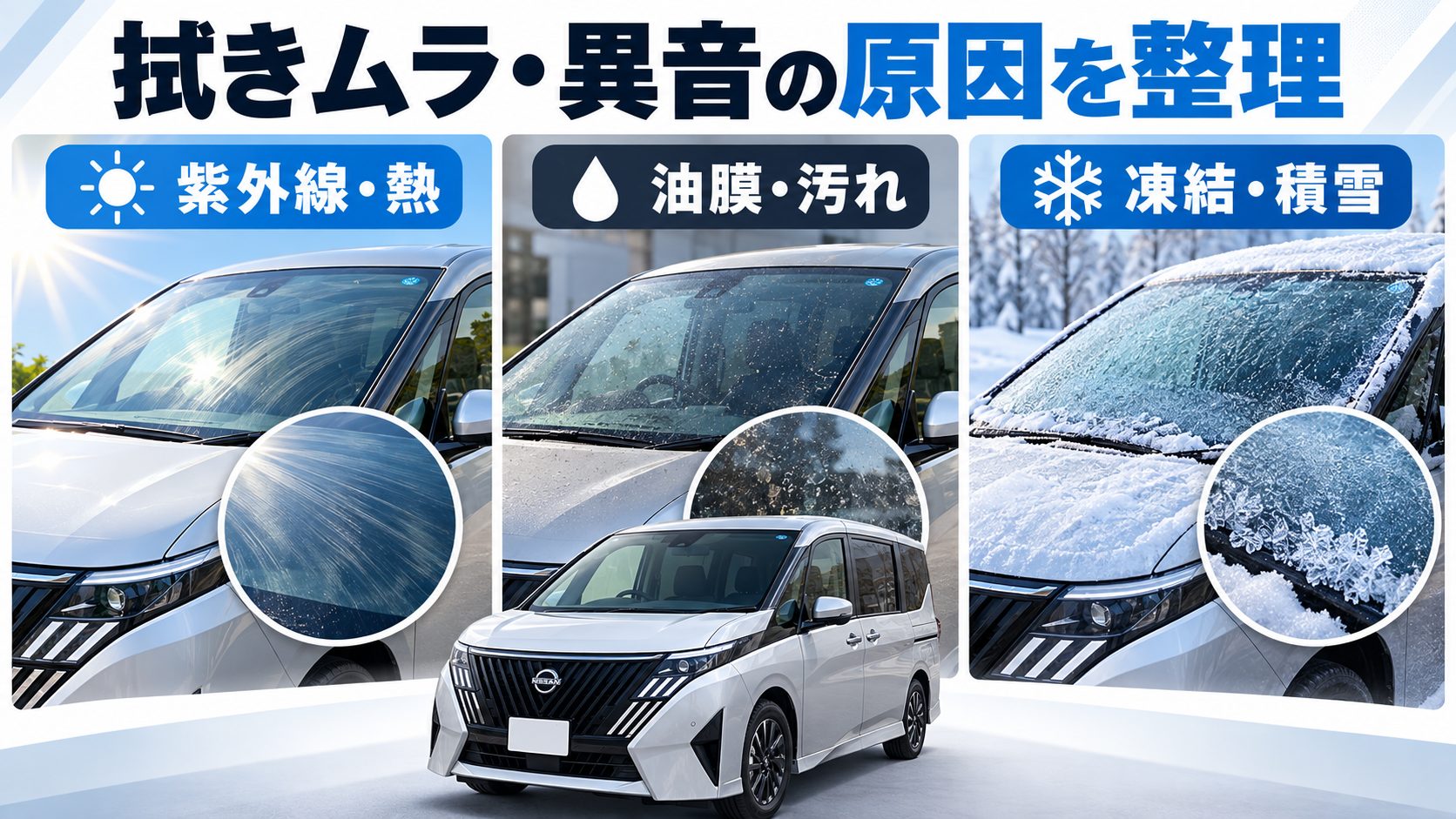 紫外線と熱、ガラスの汚れ、冬の凍結をワイパー不調の原因として比較した図解