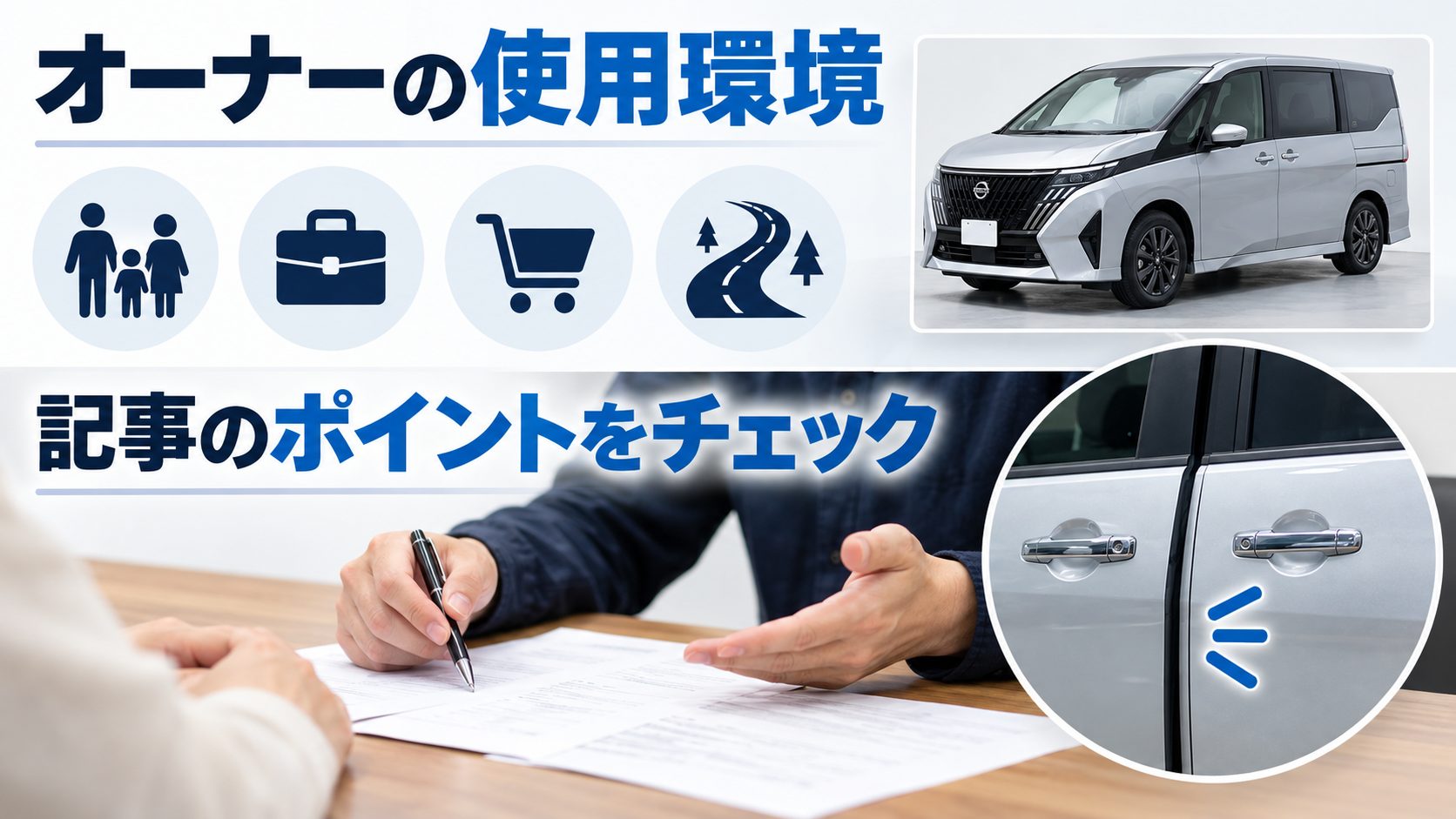 セレナC28のスライドドアの異音について、オーナーの使用環境を写真とアイコンで整理した図
