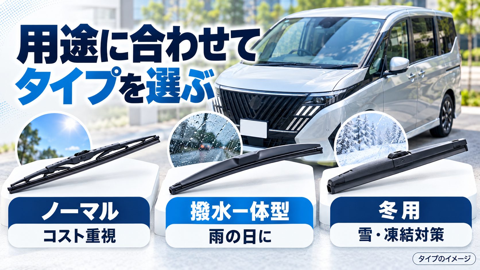 ノーマル、撥水一体型、冬用のワイパーの特徴を比較した図解