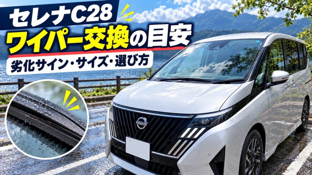 セレナC28のフロントガラスとワイパー、交換判断のポイントを示した画像
