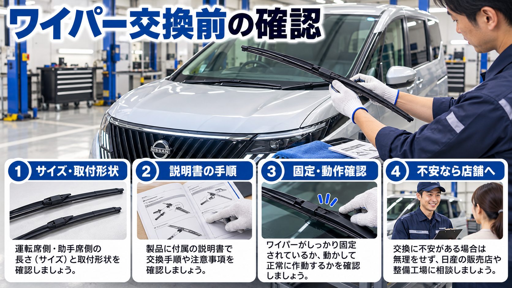 整備士がワイパーブレードを確認し、サイズと取付形状、説明書、固定と動作確認、店舗相談を示す図解