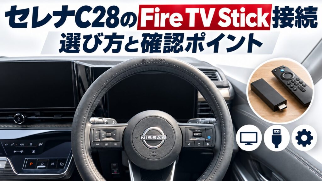 セレナC28のFire TV Stick接続について、セレナC28のFire TV Stick接続を写真とアイコンで整理した図