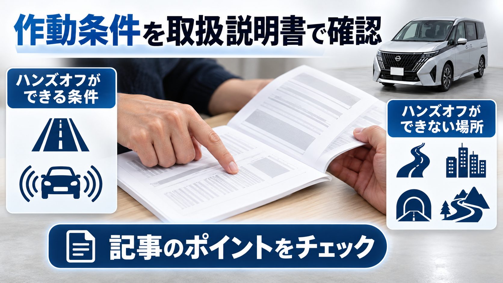 セレナC28のプロパイロットについて、作動条件を取扱説明書で確認を写真とアイコンで整理した図