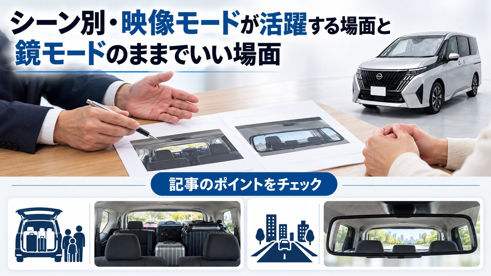 セレナC28のルームミラーについて、シーン別・映像モードが活躍する場面と鏡モードのままでいい場面を写真とアイコンで整理した図