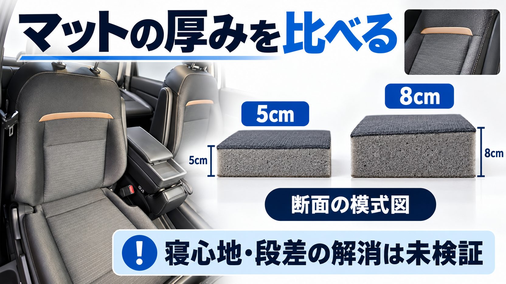 5cmと8cmのマットの厚みを断面の模式図で比較し、寝心地や段差解消は未検証と示した図