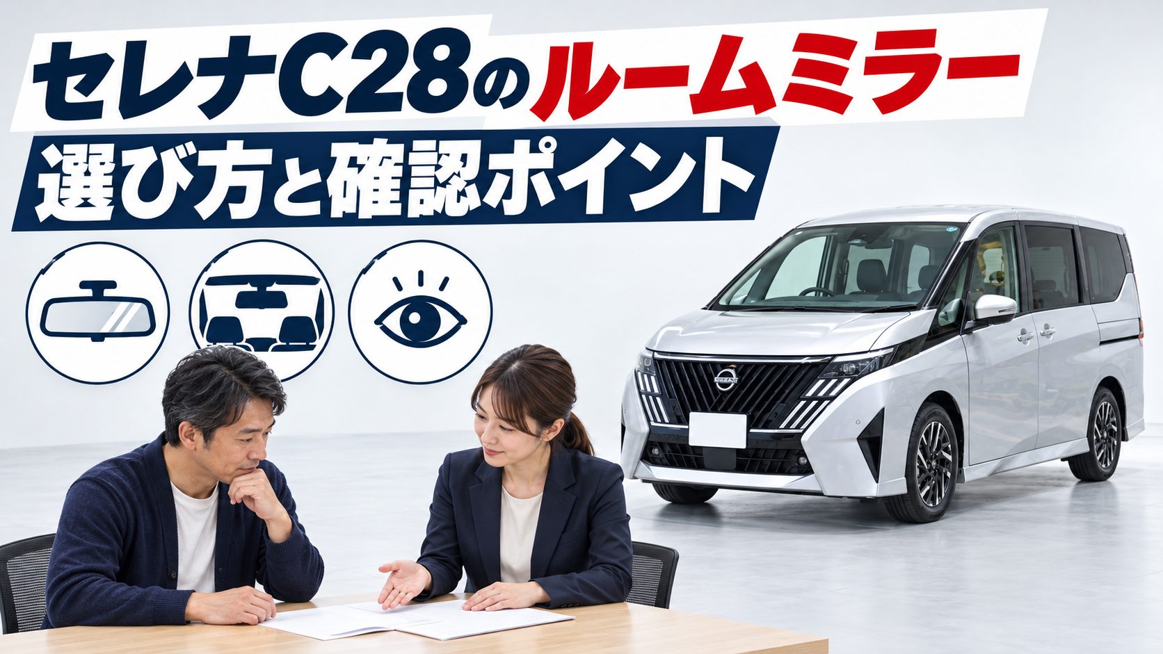 セレナC28のルームミラーについて、セレナC28のルームミラーを写真とアイコンで整理した図