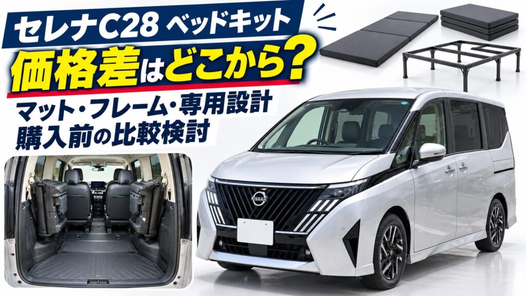 セレナC28の外観と荷室に、マットやフレームの検討イメージを添えたベッドキット比較のアイキャッチ
