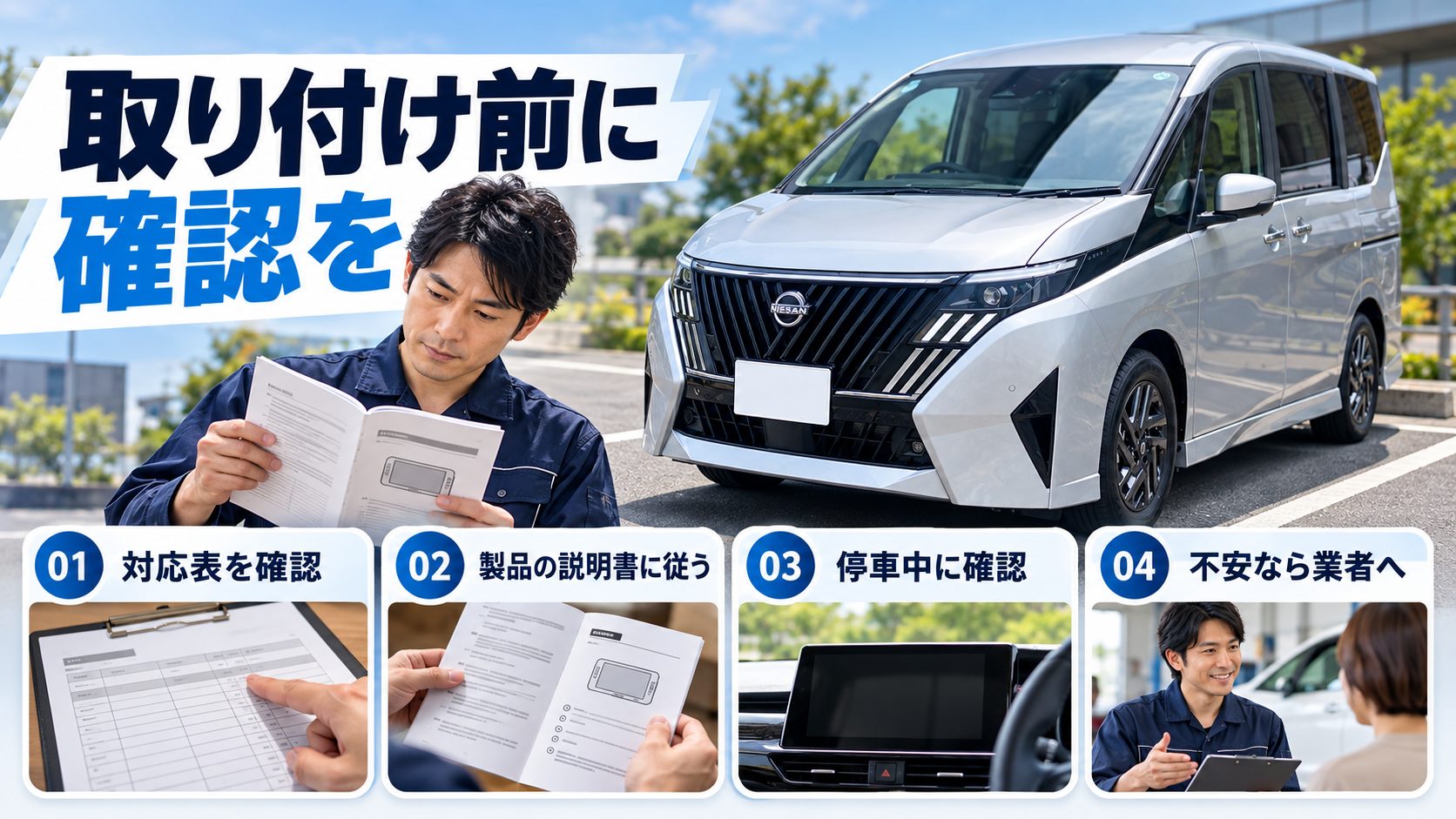 セレナC28のテレビキャンセラーについて、対応表を確認、製品の説明書に従う、停車中に確認、不安なら業者へを整理した写真付き図解