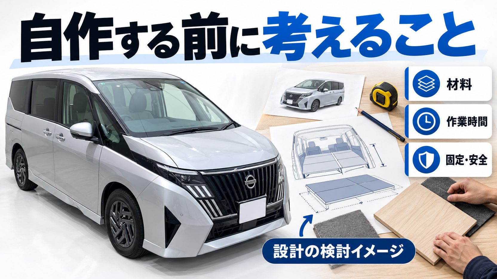 木材や布、メジャーを並べた作業机で、自作ベッドの材料・作業時間・固定と安全を検討する図