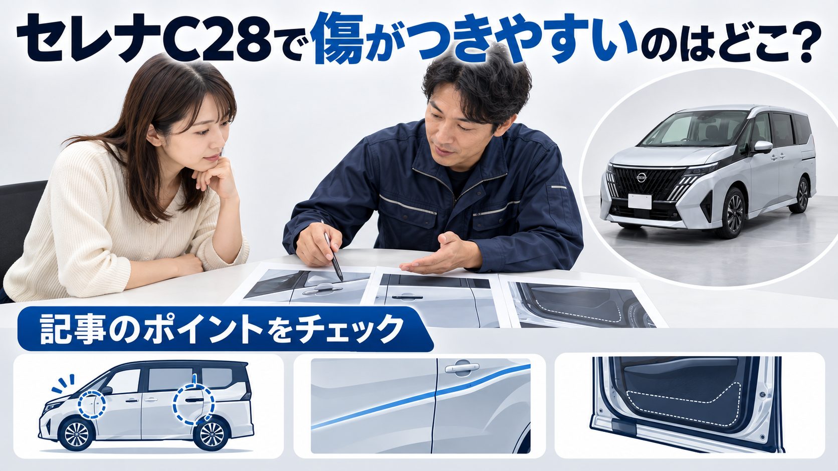 セレナC28のドアプロテクターについて、セレナC28で傷がつきやすいのはどこ?を写真とアイコンで整理した図