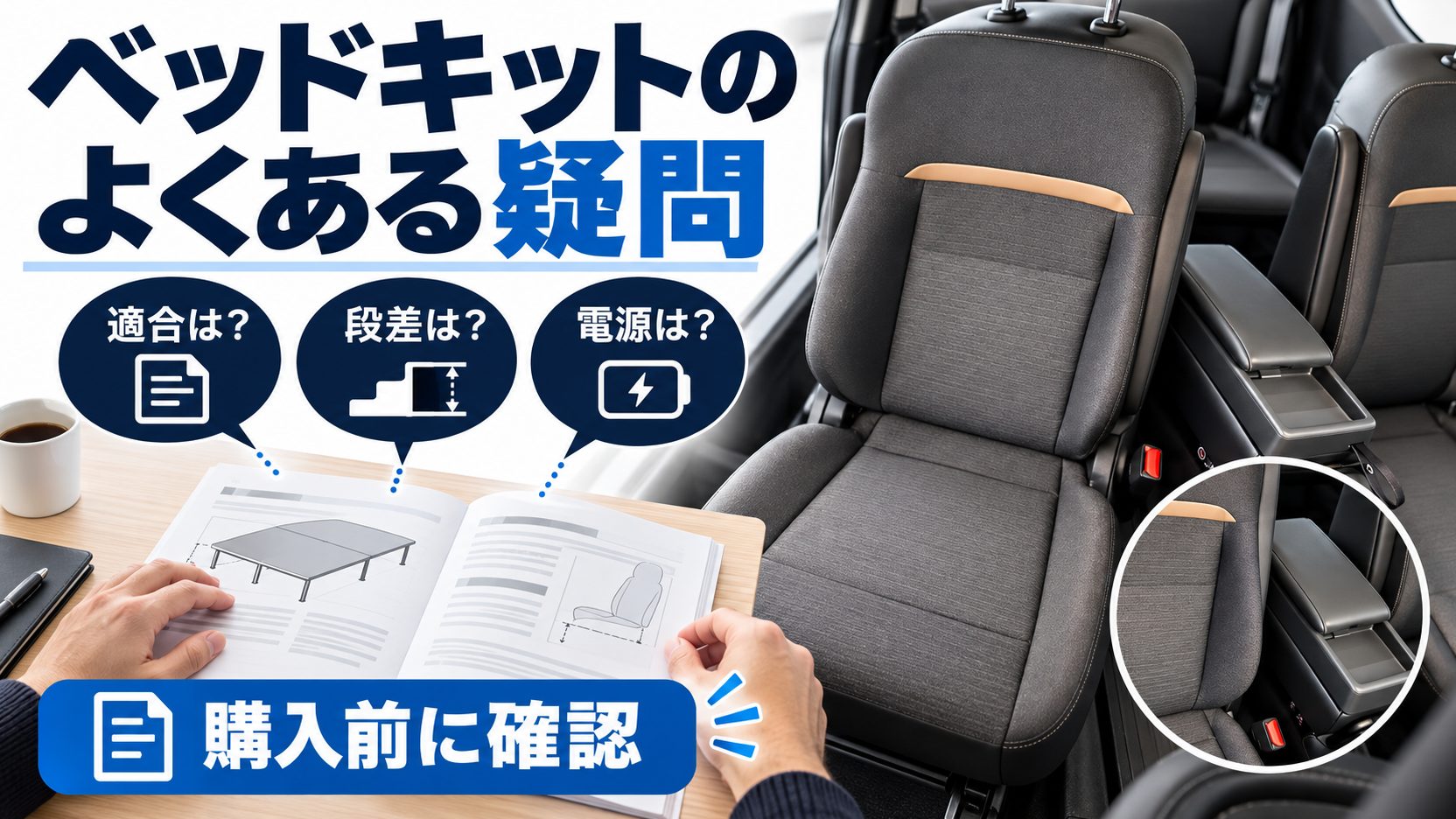 実車シートの接写と説明書を添え、ベッドキットの適合・段差・電源について購入前の確認を促す図