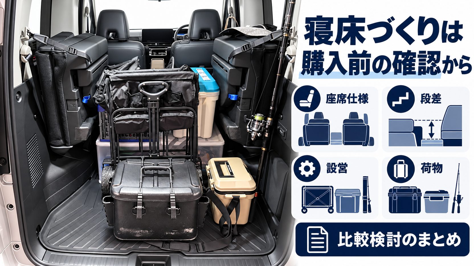 釣り道具を積んだ荷室とチェック項目で、座席仕様・段差・設営・荷物の確認点をまとめた図