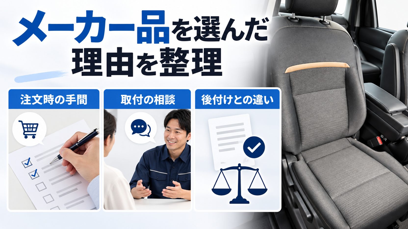 注文書と相談のイメージで、メーカー品を選ぶ際の手間や後付けとの違いを整理した図