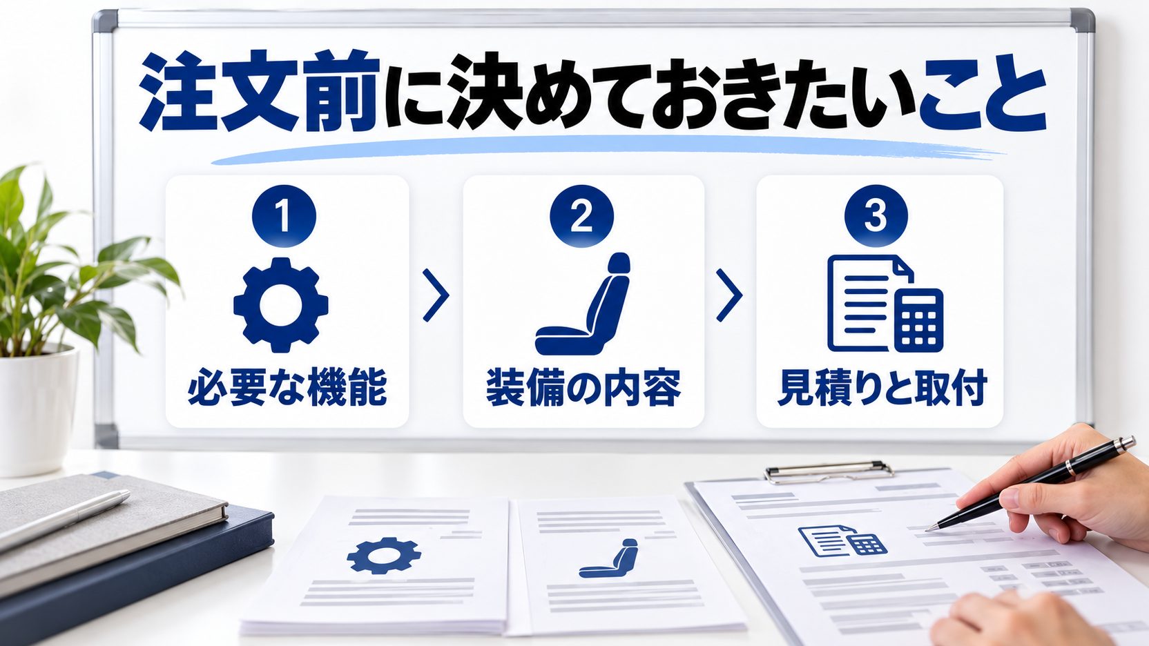 必要な機能から装備内容、見積りと取付までを注文前に確認する流れを示した図