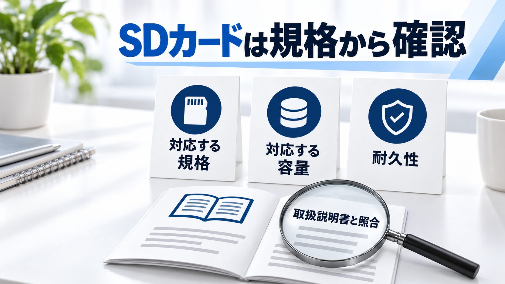 SDカードの規格・対応容量・耐久性を取扱説明書と照合することを示した図