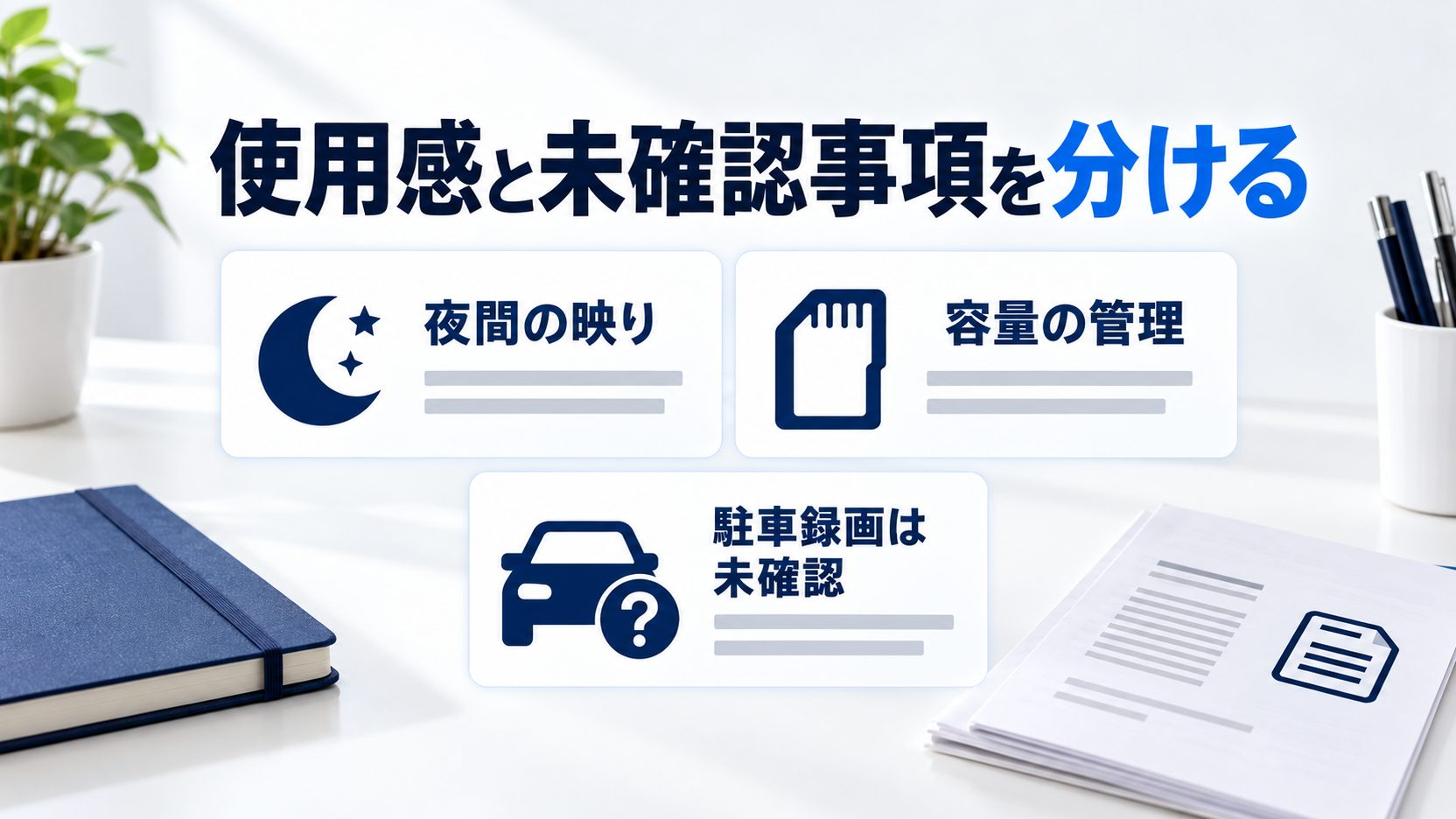 夜間の映りや容量管理という使用感と、未確認の駐車録画を分けて整理した図