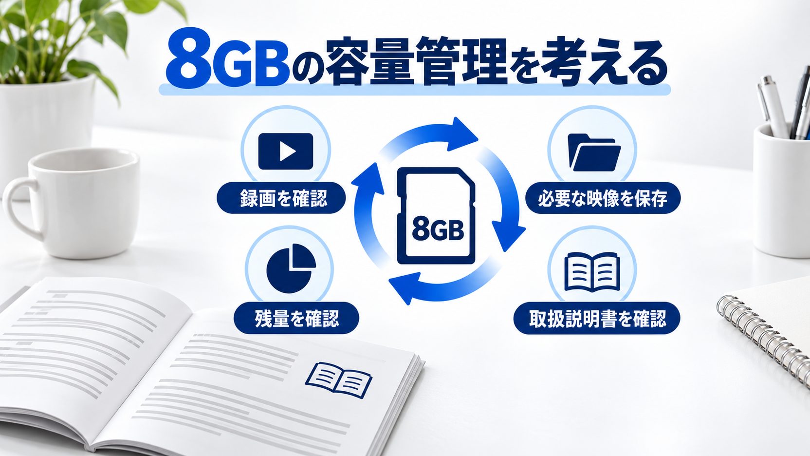 8GBのカード容量について、録画・必要映像の保存・残量・取扱説明書の確認を整理した図
